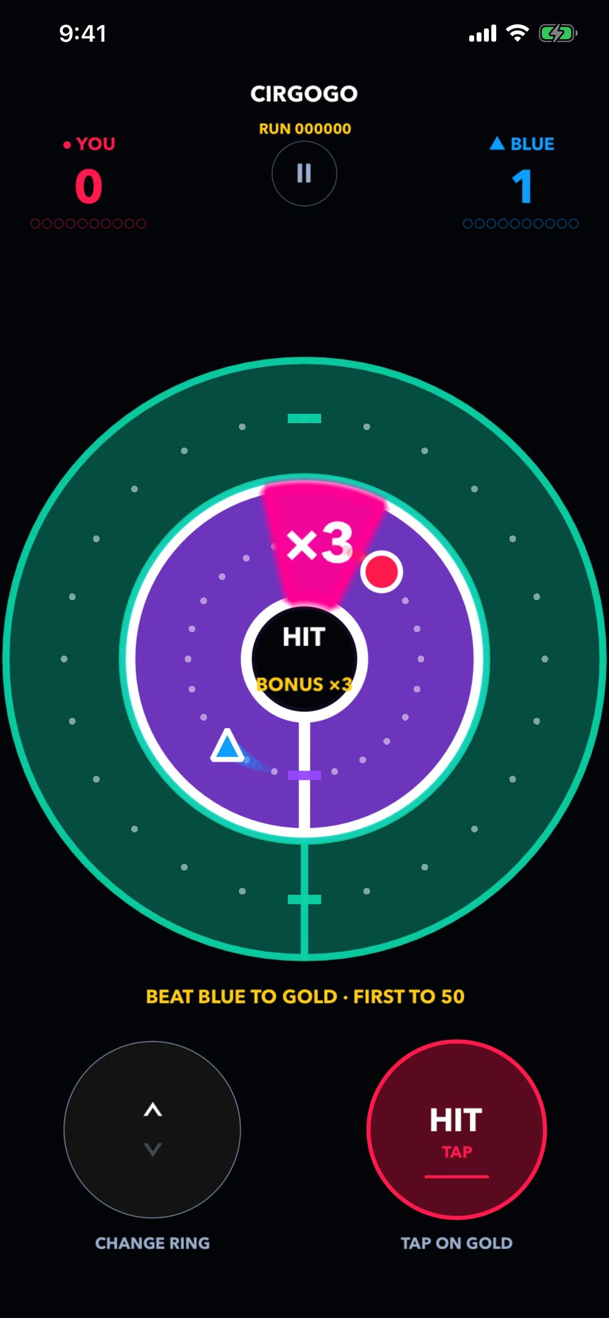 CirGoGo standard race with three concentric lanes and a bonus target