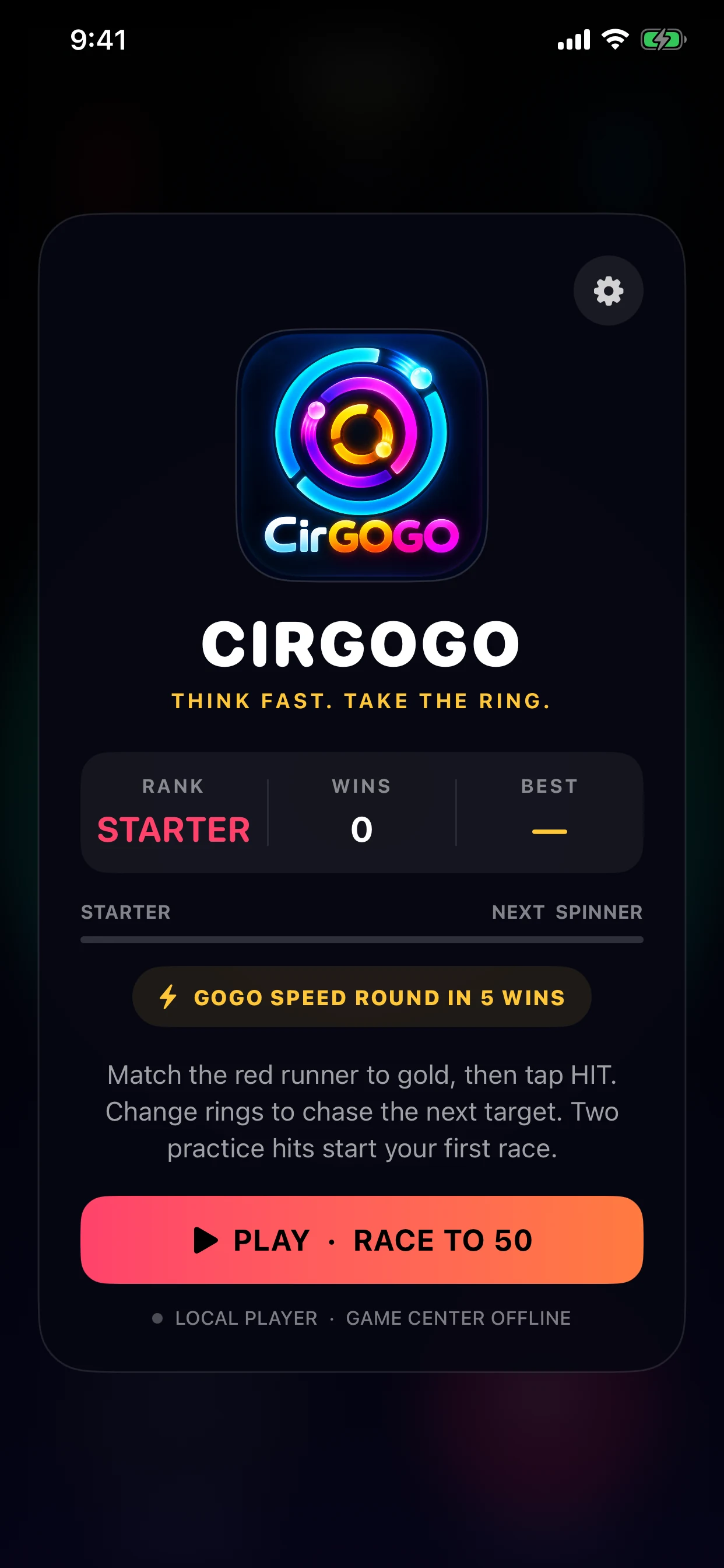 CirGoGo opening screen with rank, wins, best score, and play button