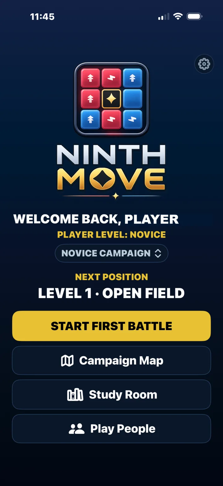 Ninth Move home screen and player campaign level